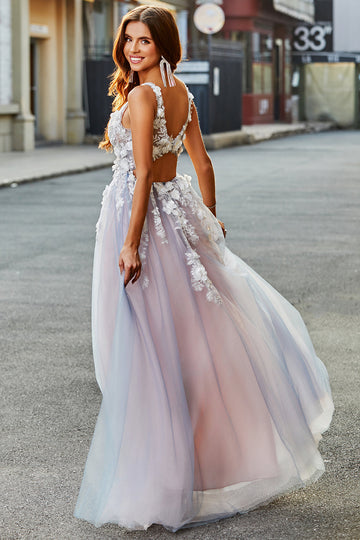 Gris Rosa A Línea Un Vestido Largo De Fiesta Con Escote En V Profundo Con Apliques